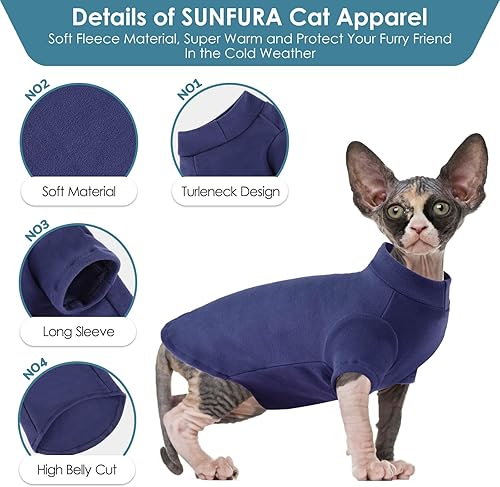 Miniatura 3 de SUNFURA Suéter de cuello alto para gato, camisa de gatos Sphynx, suéteres sin pelo con mangas, cálido y suave para gatitos, pijama de invierno para