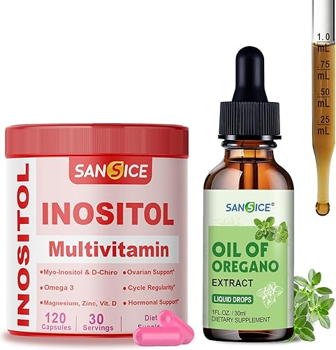 Cápsulas de inositol + aceite de orégano gotas orgánicas, 2000 mg de mio y 50 mg de D-Chiro inositol, omega-3, magnesio, zinc, vitamina D3 + 34 mg