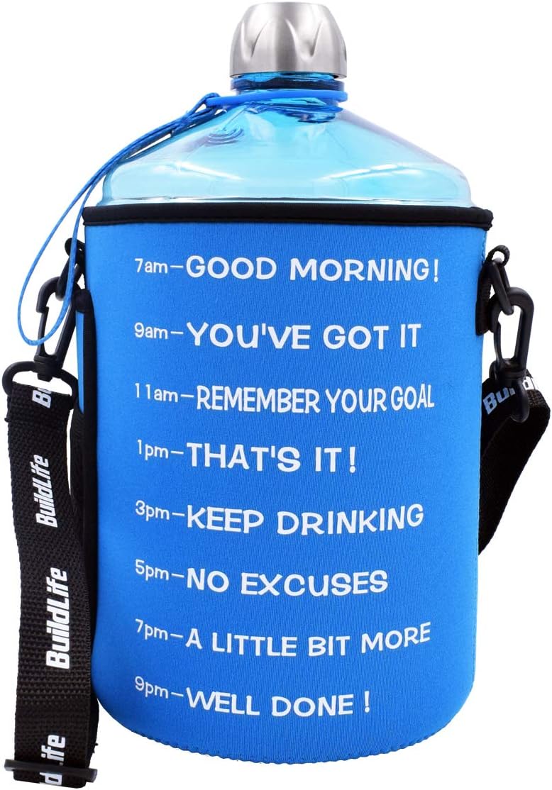 BuildLife 1 Gallon/128OZ Water Bottle with Time Marker - Motivational Fitness Bottles-Hours Marked-Drink More Water Daily-Tracker Helps You Drink Water All Day (Blue with Sleeve, 1 Gallon)