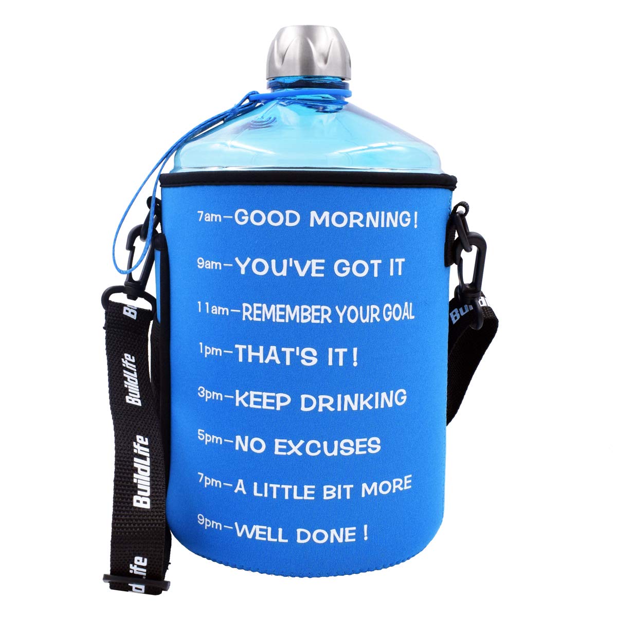 BuildLife 1 Gallon/128OZ Water Bottle with Time Marker - Motivational Fitness Bottles-Hours Marked-Drink More Water Daily-Tracker Helps You Drink Water All Day (Blue with Sleeve, 1 Gallon)