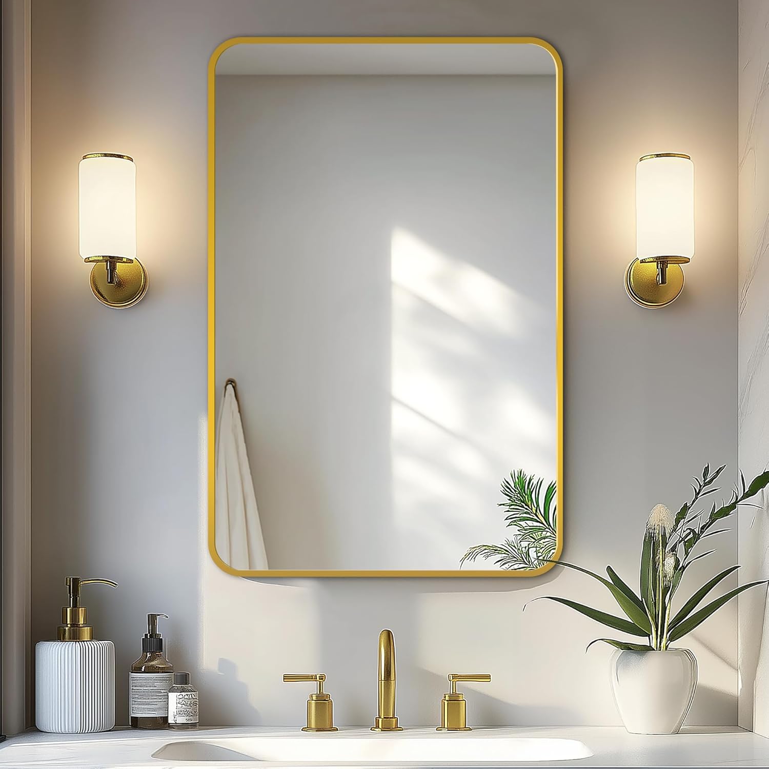 Delma 30x20 Gold Framed Bathroom Vanity Mirror - HD Clarity, Shatterproof Wall Mirror, Horizontal/Vertical Mount Over Sink