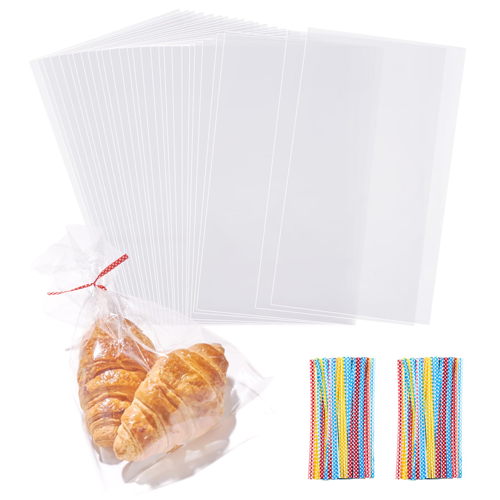 200 PCS Transparent Clear Cellophane Bags 7x13 Inches, Clear Treat Bags with Ties for Cookie Bags Resealable Cellophane Bag for Packaging Cookies,