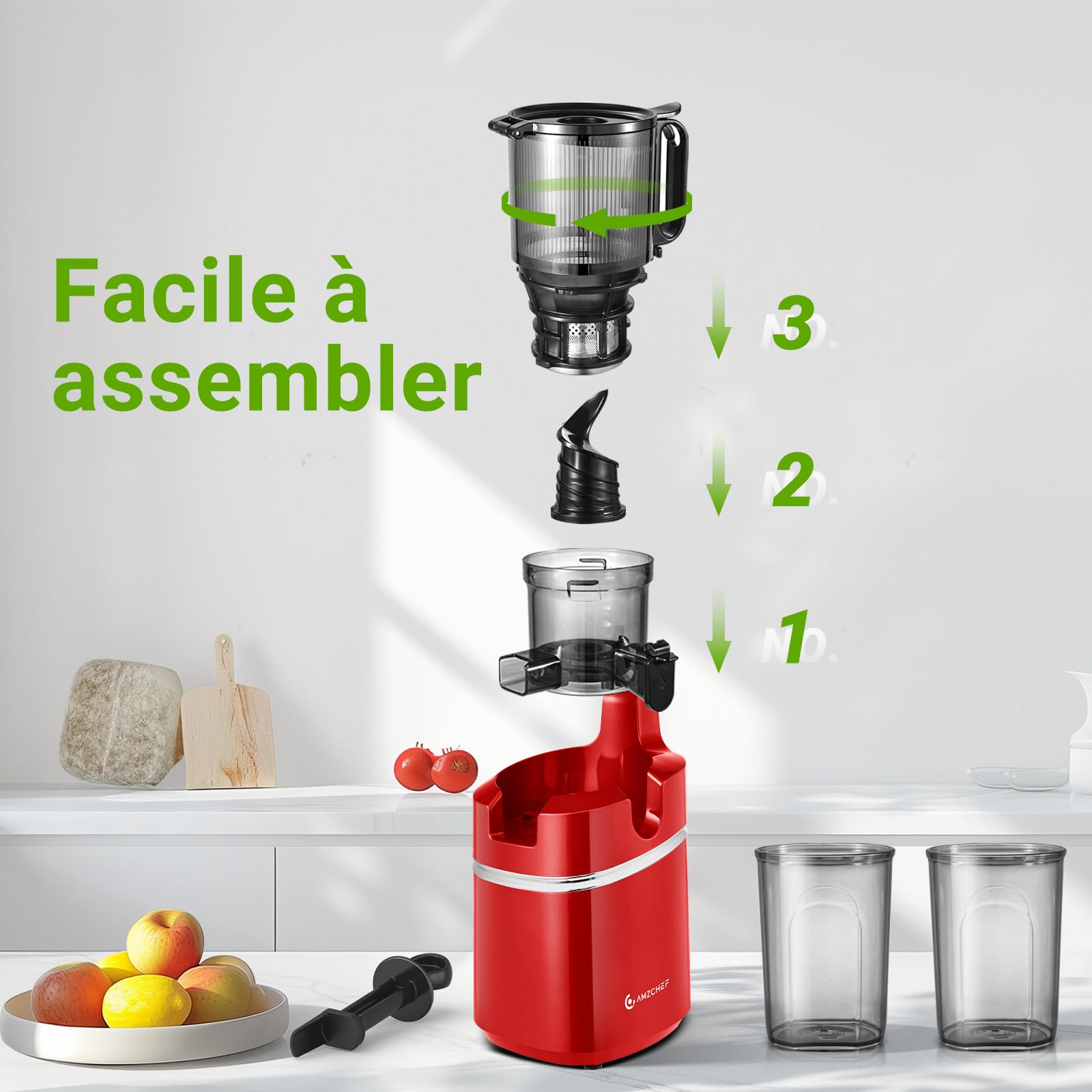AMZCHEF Extracteur de jus automatique Vos mains libres, Ouverture de 135 mm et capacité de 1,8 L Extracteur de jus de fruits et légumes entiers, Extracteur jus lent de 250W avec triple filtre - Rouge