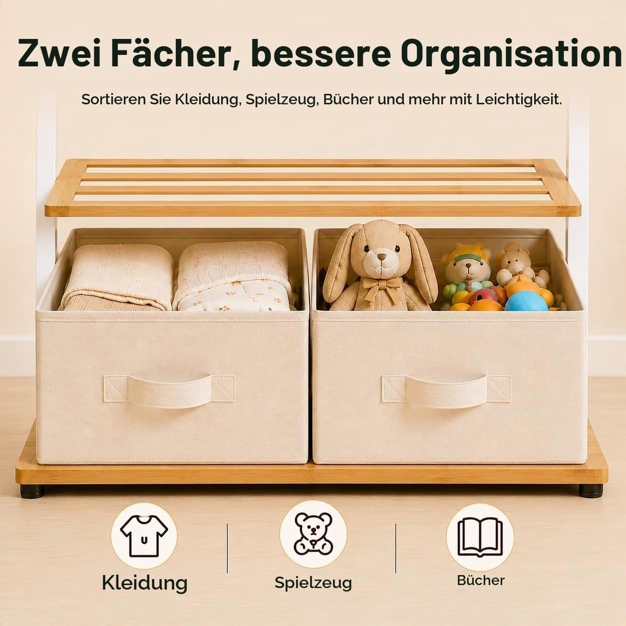 BAMBOOHOMIE Kindergarderobe mit 2 Aufbewahrungsboxen, Kleiderständer Kinder aus Bambus mit verstellbarer Stange & Ablagen, Kleiderständer für Kinderzimmer, Spielzimmer (Weiß)