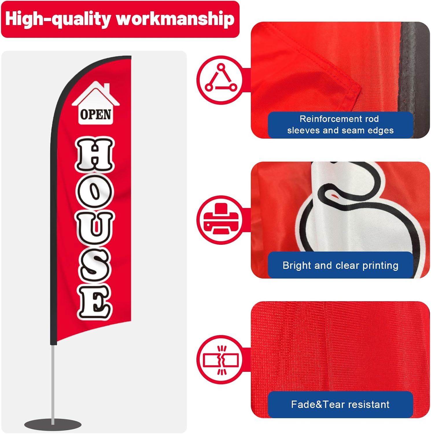 AZCOVER Open House Feather Flag, 8FT Open House Signs for Real Estate, Feather Flags Banner Set with Flagpole Ground Stake Portable Bag for Outside Business Banner Advertising