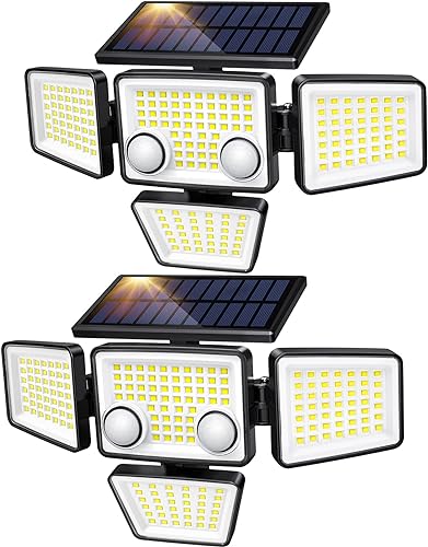 Luces solares para exteriores 3000 lm, 188 luces LED con sensor de movimiento, 4 cabezales IP65, luces de inundación de seguridad alimentadas a