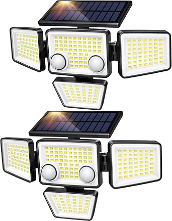 Solar Outdoor Lights - 3000LM 188 LED Motion Sensor Outdoor Lights, 4 Heads Security Light,IP65 Waterproof, Easy Install,270°Wide Angle Flood Wall Light with 3 Modes for Backyard Yard (2 Pack)