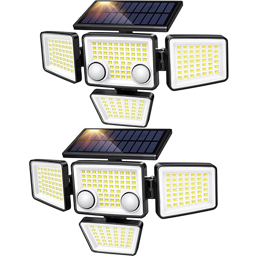 Solar Outdoor Lights - 3000LM 188 LED Motion Sensor Outdoor Lights, 4 Heads Security Light,IP65 Waterproof, Easy Install,270°Wide Angle Flood Wall Light with 3 Modes for Backyard Yard (2 Pack)