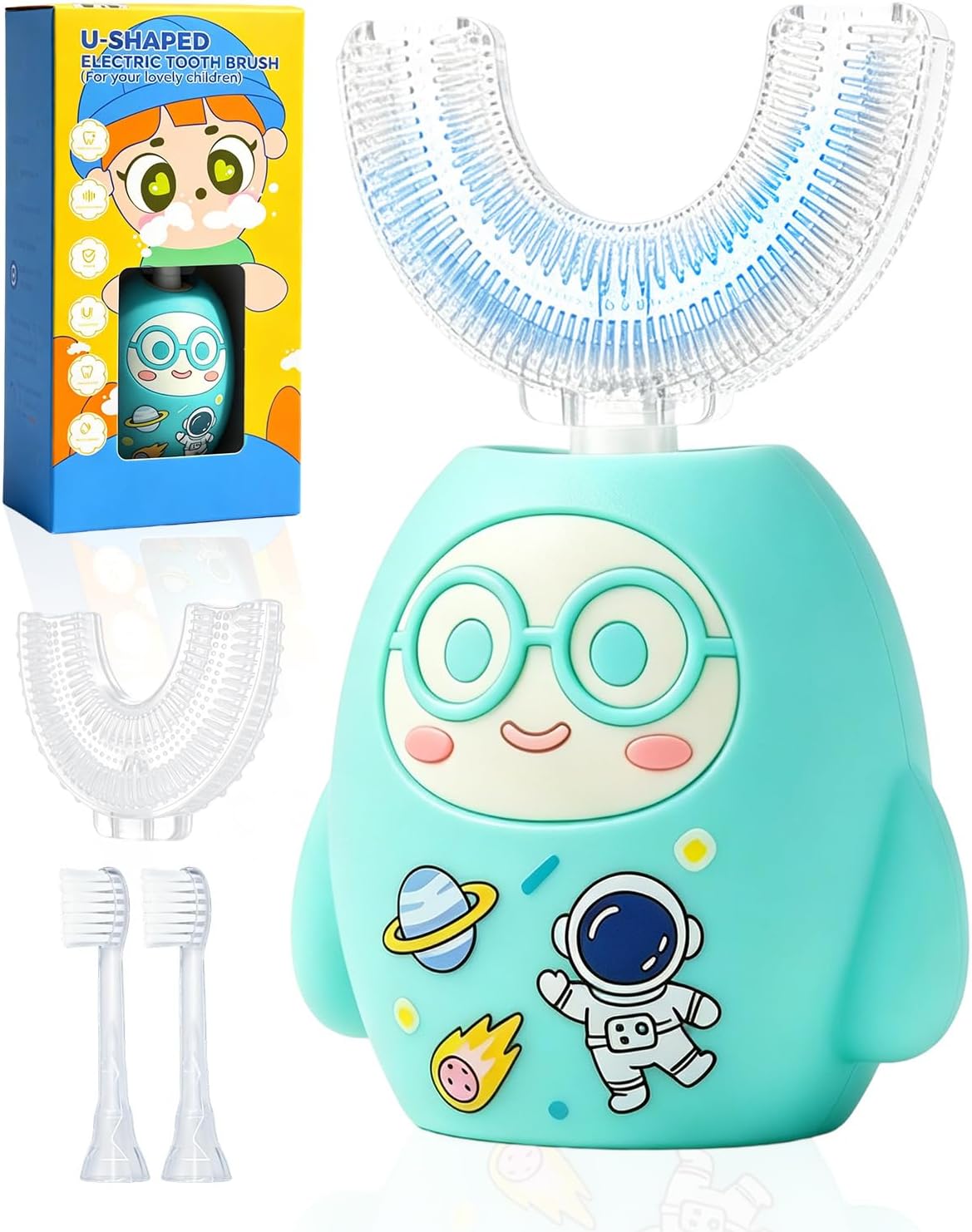 Kids U Shaped Electric Toothbrush, 360 Degree Full Mouth Sonic Toothbrush with 4 Brush Heads, IPX7 Waterproof 3 Modes Cleaning Cartoon Design (2-12 Age, Green)