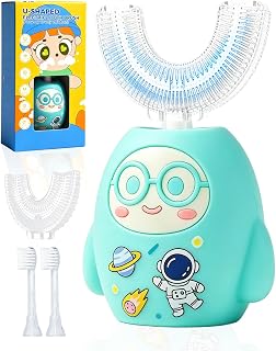 Kids U Shaped Electric Toothbrush, 360 Degree Full Mouth Sonic Toothbrush with 4 Brush Heads, IPX7 Waterproof 3 Modes Cleaning Cartoon Design (2-12 Age, Green)