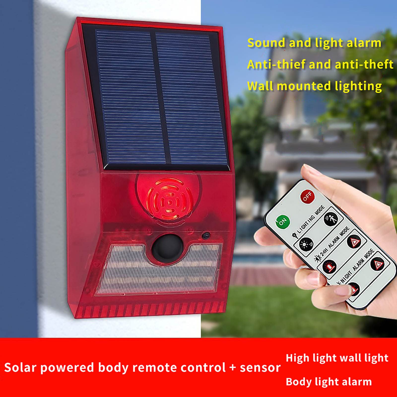 Luz de alarma estroboscópica solar con mando a distancia, 129 db, luz de sirena de seguridad de sonido para el hogar, villa, granja, lámpara de alarma roja para exteriores, IP55 impermeable