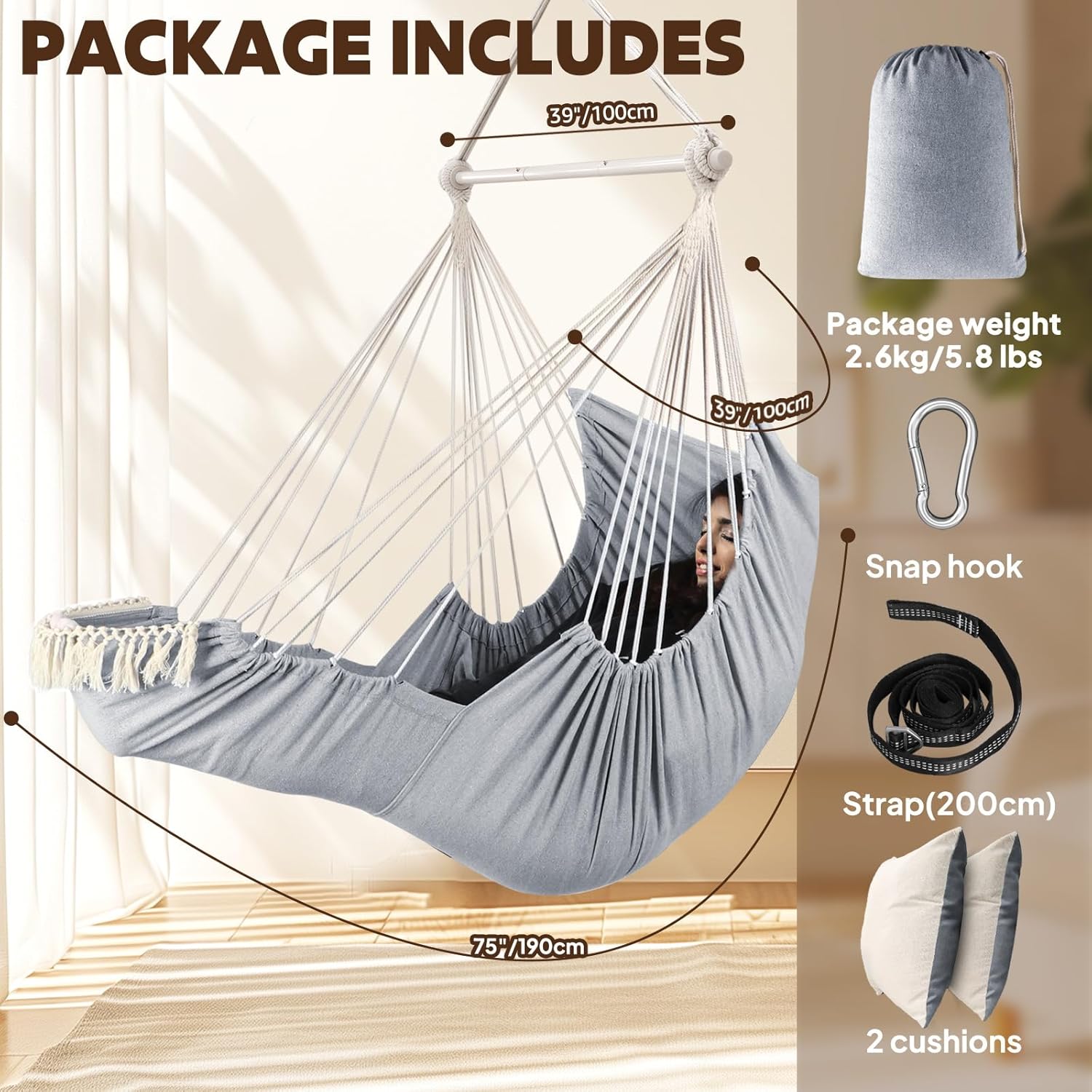 Chihee Hammock Chair Hanging Chair with Foot Rest 2 Cushions Max 500lbs Robust Metal Spreader Bar Collapsible Easy Storage Soft Cotton Swing Chair Strong Strap Iron Carabiner Side Pocket Included - Image 3