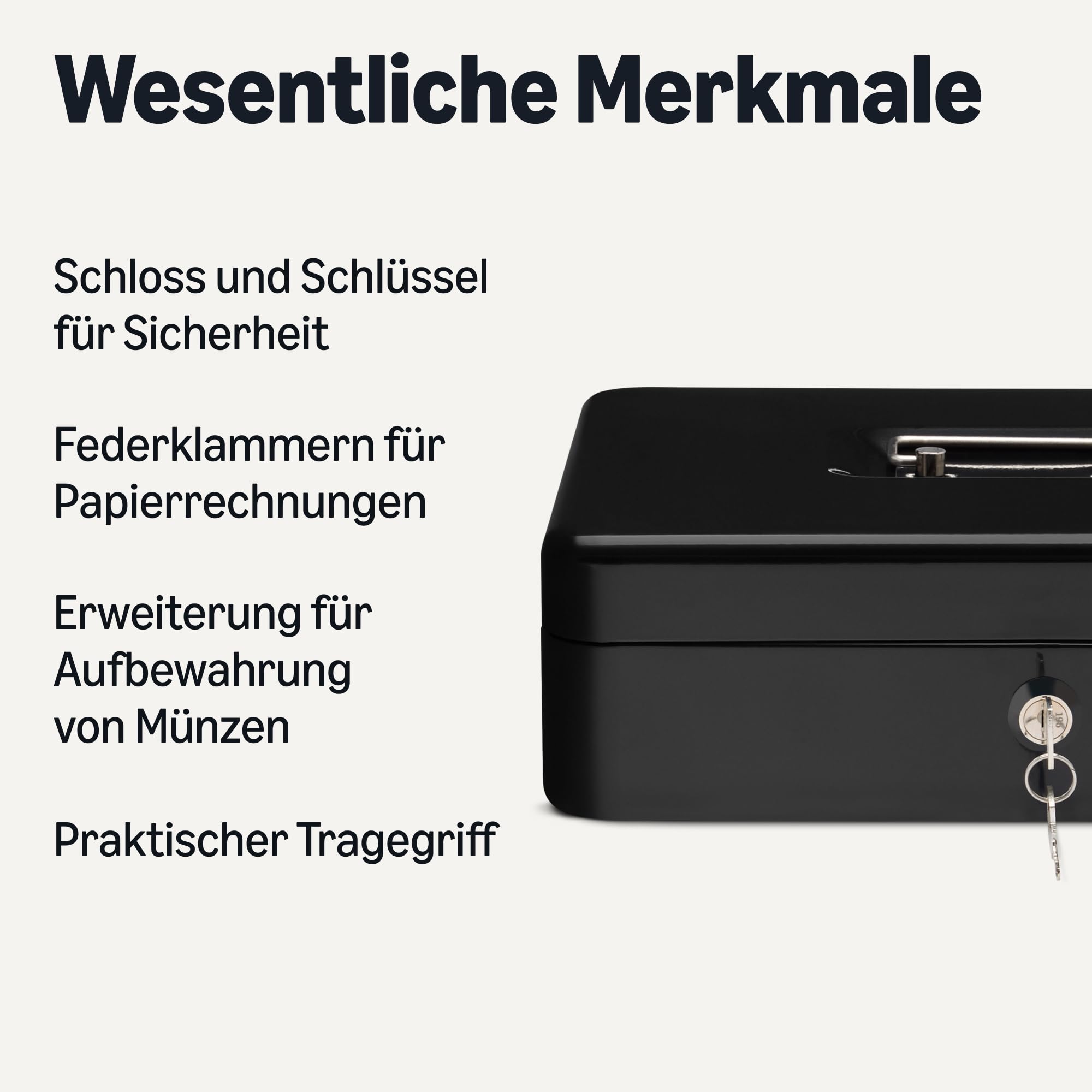 Amazon Basics Geldkassette mit Schloss, Schlüssel und Geldablage, 9 x 30 x 24 cm (H x B x T), Schwarz