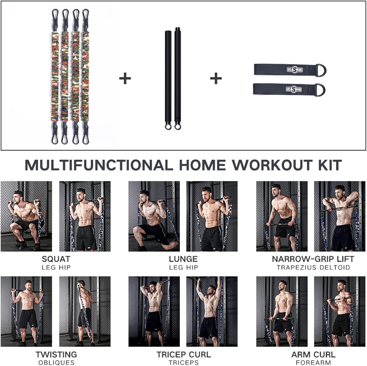 INNSTAR Portable Home Gym, Verstellbares Widerstandsband mit Stange und Kniebeugen-Bändern für Heimtraining, Bankdrücken Brusttrainer Resistance Band Set für Brust, Arm, Beintraining