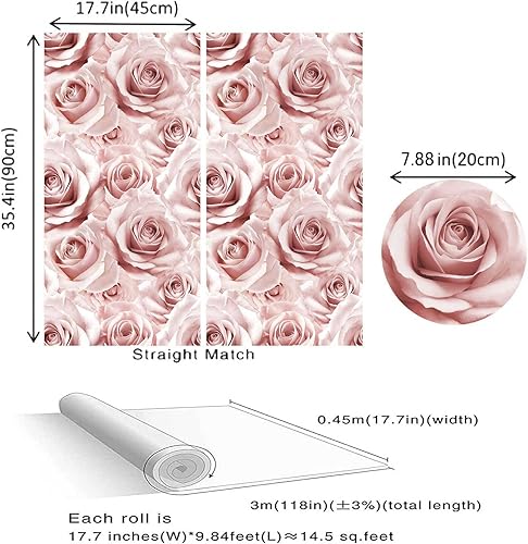 Miniatura 6 de Abyssaly Papel tapiz moderno con diseño floral rosa para despegar y pegar, 17.7 x 118 pulgadas, papel de contacto de flores rosas para decoración de