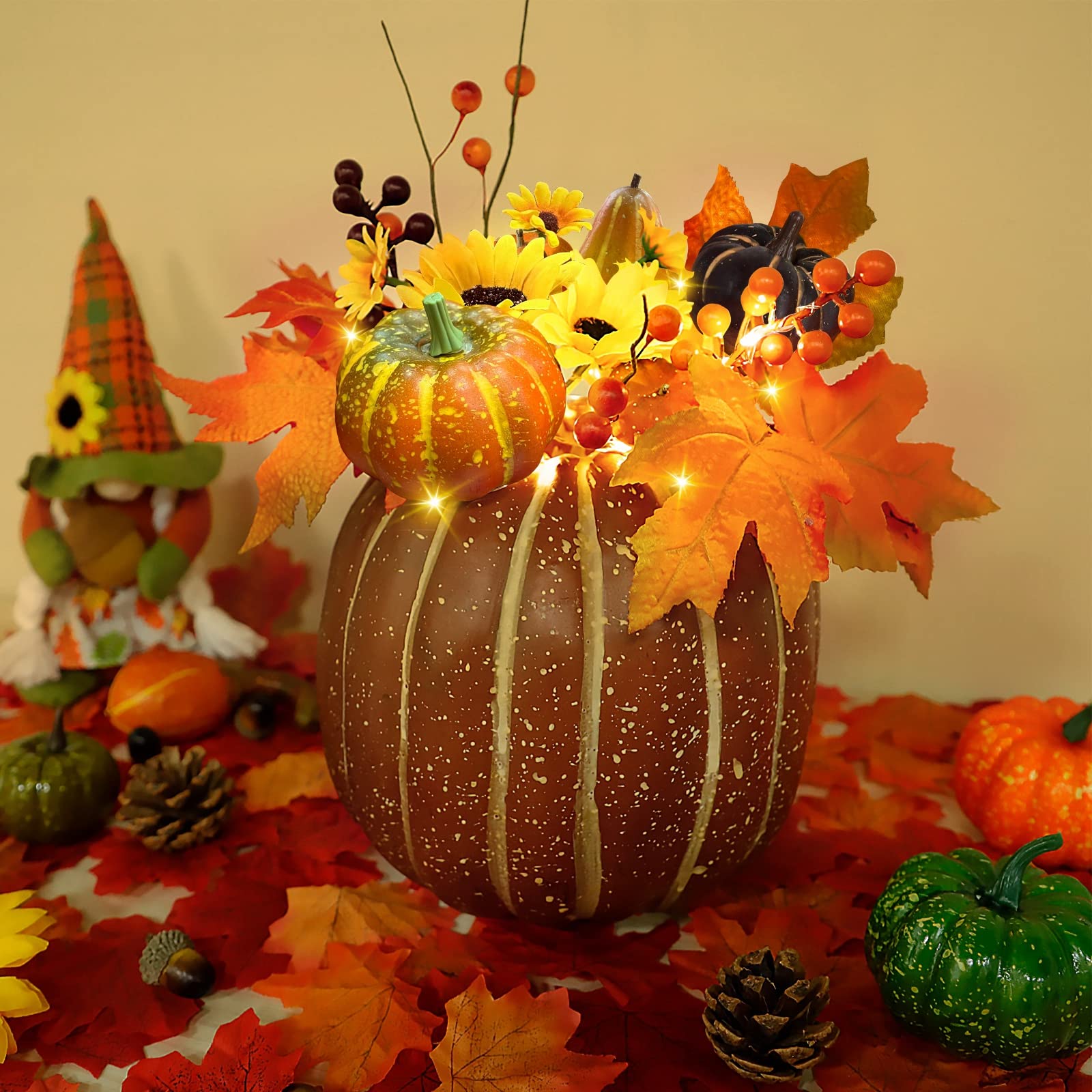 [Timer] 10 Inch Prelit Large Fake Pumpkin Fall Decorations with 10 LED 8 Maple Leaves 6 Pumpkins 5 Berry Stems 5 Sunflowers Battery Operated Thanksgiving Halloween Decorations for Home Outdoor Table