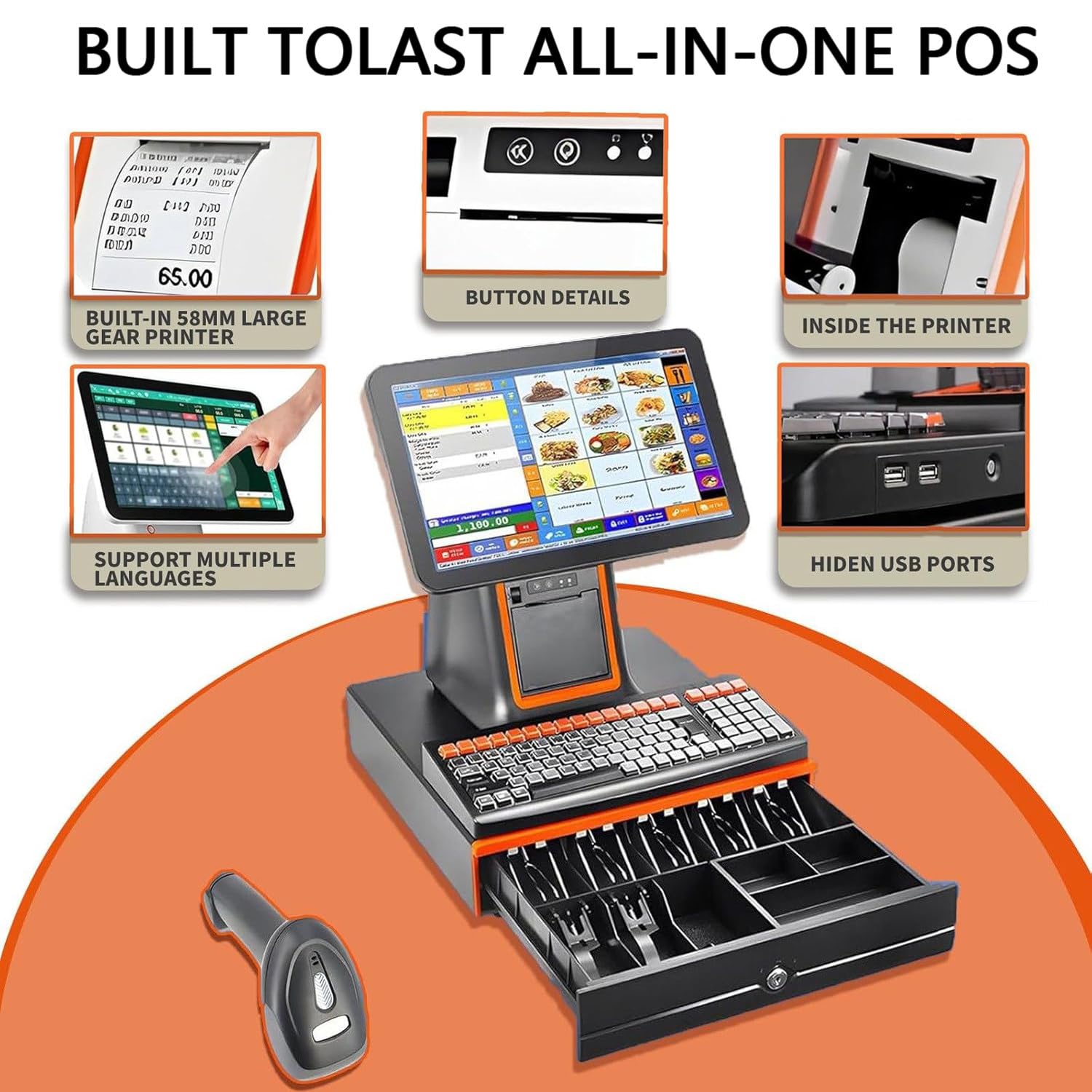 Registratore di cassa con stampante termica integrata con cassetto contanti,scanner di codici a barre,registratore di cassa touch screen per piccole imprese Registratore di cassa tutto in uno Black-A
