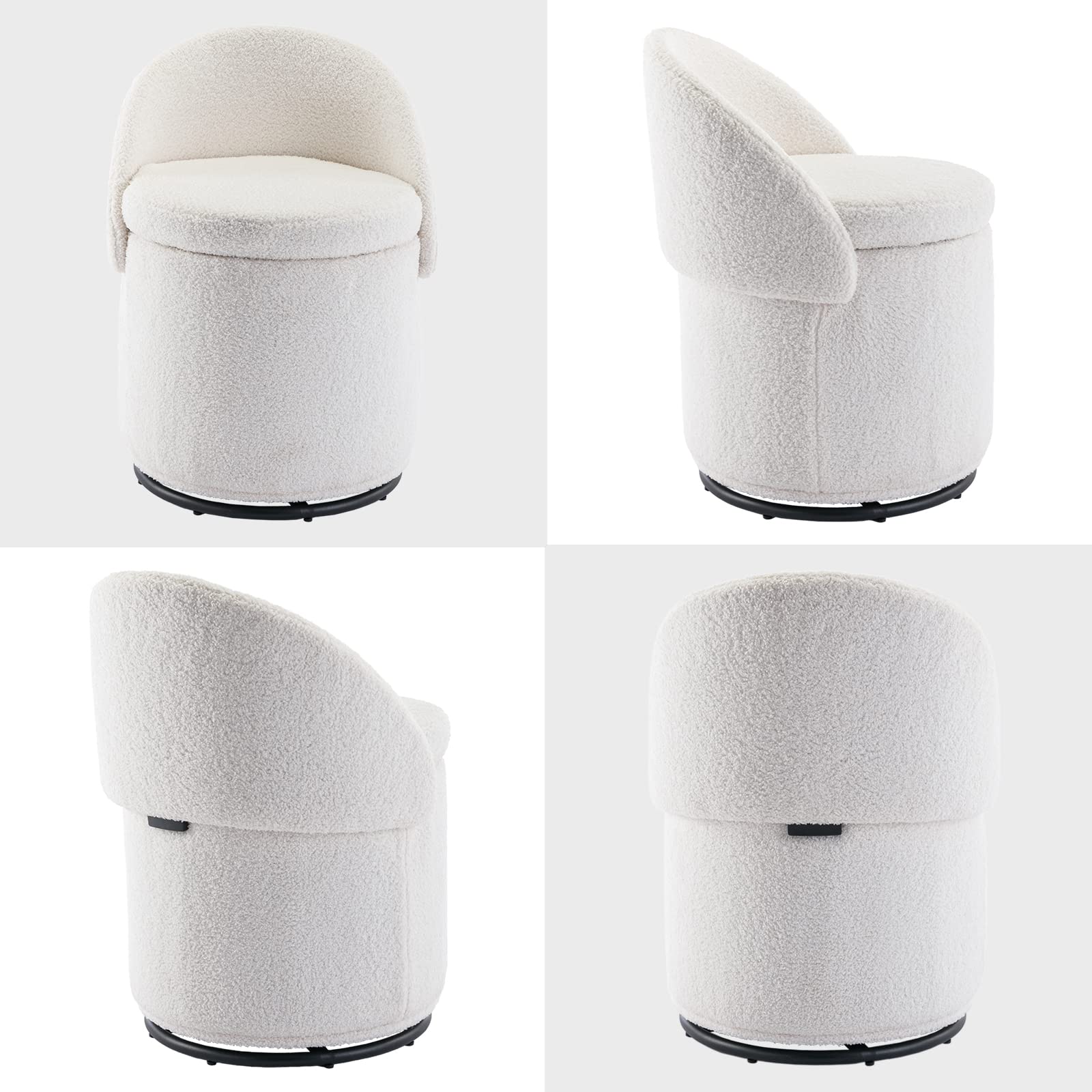 DUOMAY Modern Round Swivel Vanity Storage Stool with Foldable Backrest, Upholstered Ottoman with Removable Lid, Footrest Makeup Stool for Living Room Bedroom, Sherpa White