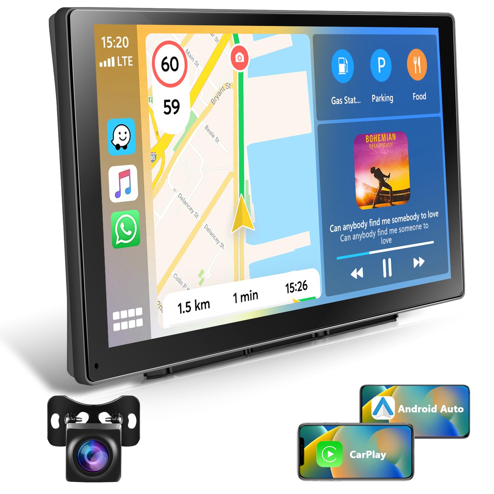 9 Zoll Tragbares Autoradio mit Wireless Carplay Android Auto Bildschirm, 7-32V Touchscreen mit Sprachassistent/Bluetooth/FM Transmitter/AUX+ Camera