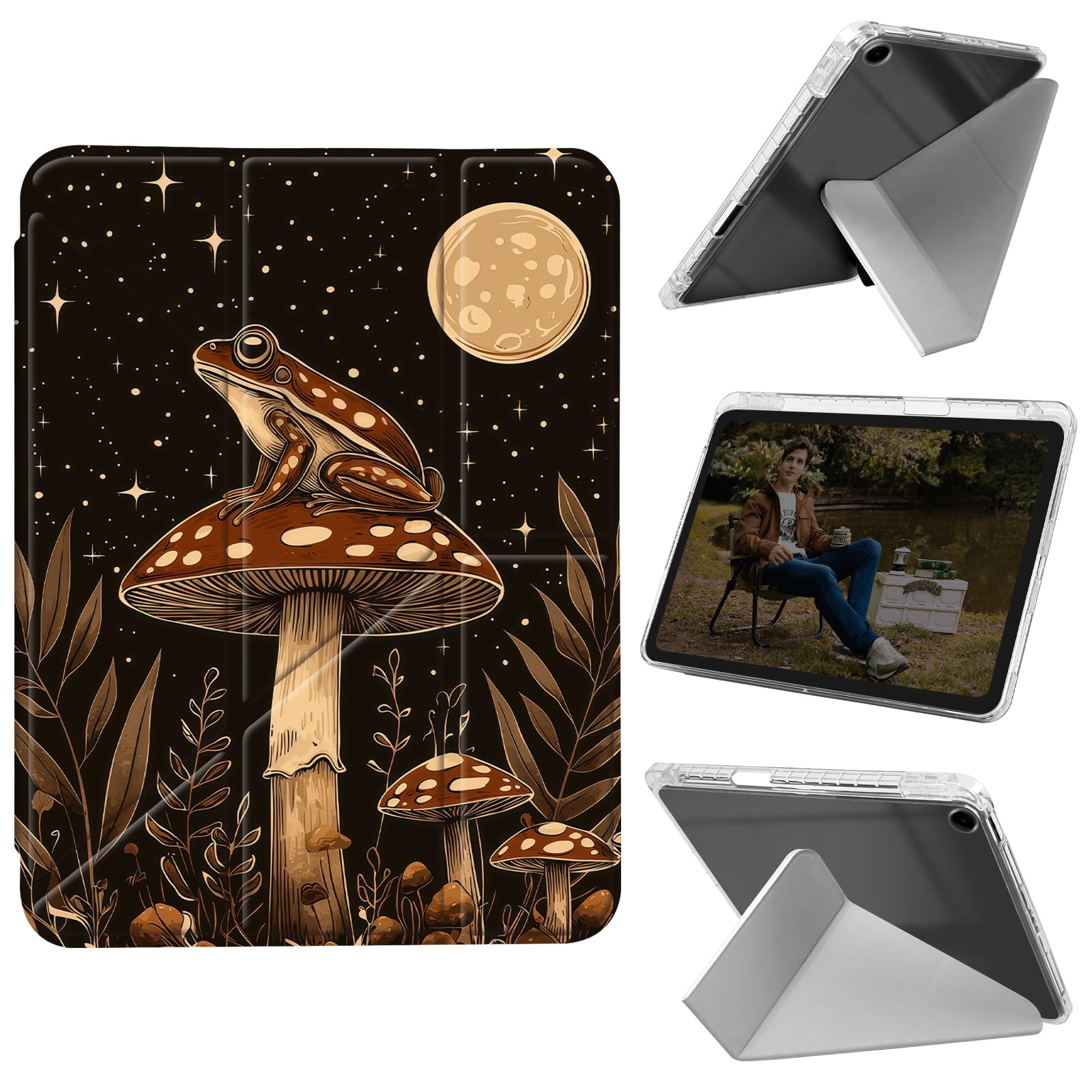 Tablet Case for iPad 10.2 inch 2021/2020/2019 - Folding Y-Shaped, Hard Transpatent Back, Mulit Angle Stand, Protective Cover with Pencil Holder - Frog Sit on Mashroom