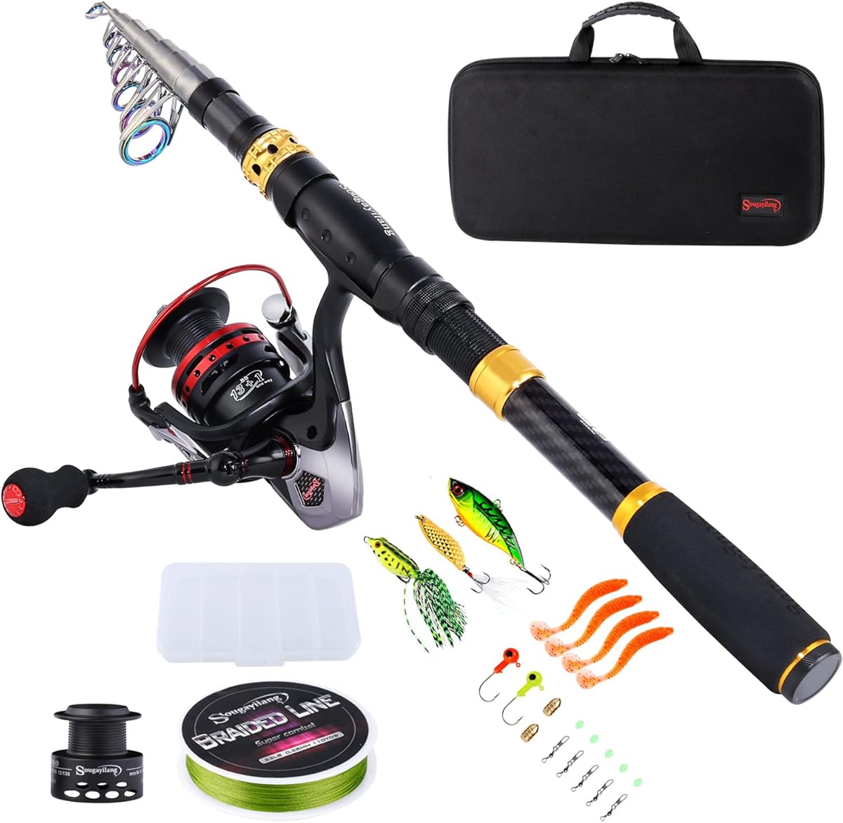 Sougayilang Fishing Rod Reel Combo with Telescopic Fishing Pole Spinning Reel Carrier Bag for Travel Saltwater Freshwater Fishing
