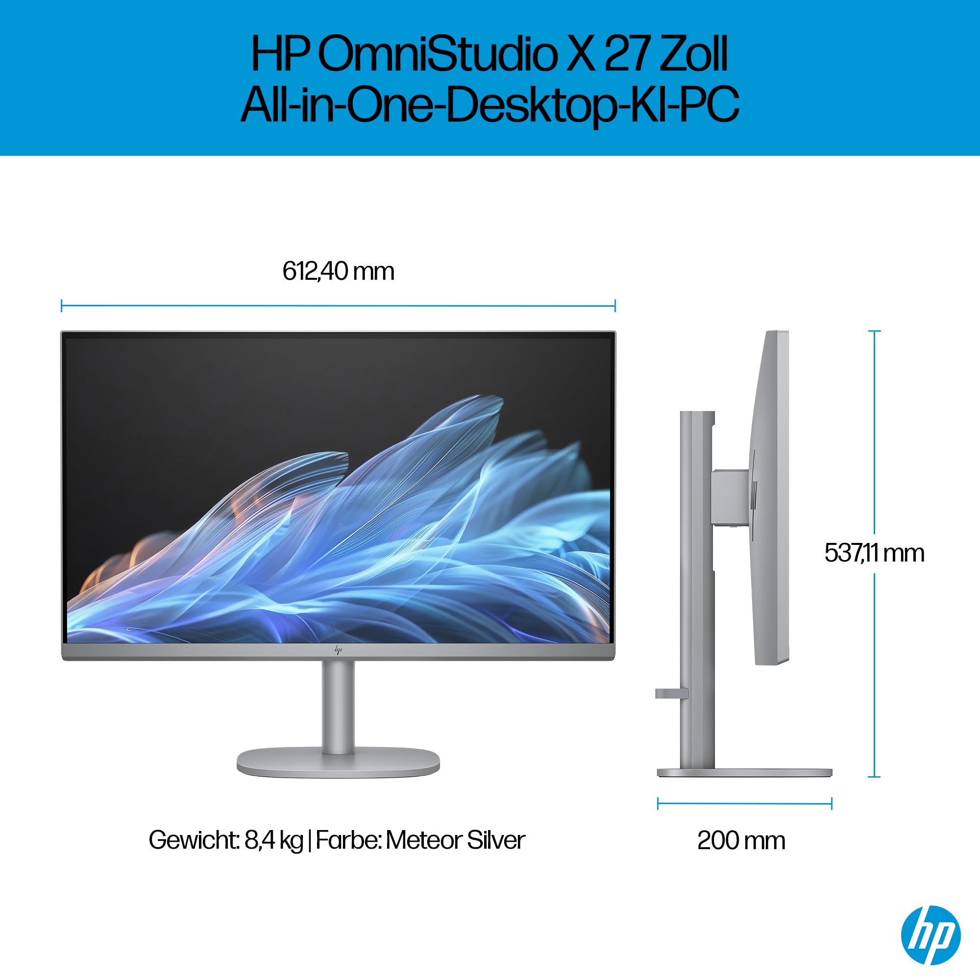 HP OmniStudio X 27-cs0273ng All-in-One KI PC, 27 Zoll Entspiegeltes FHD-Display, Intel Core Ultra 7 155H, 16 GB DDR5-SDRAM, 1 TB SSD, Intel Arc Graphics, Windows 11 Home, QWERTZ Tastatur, Silber