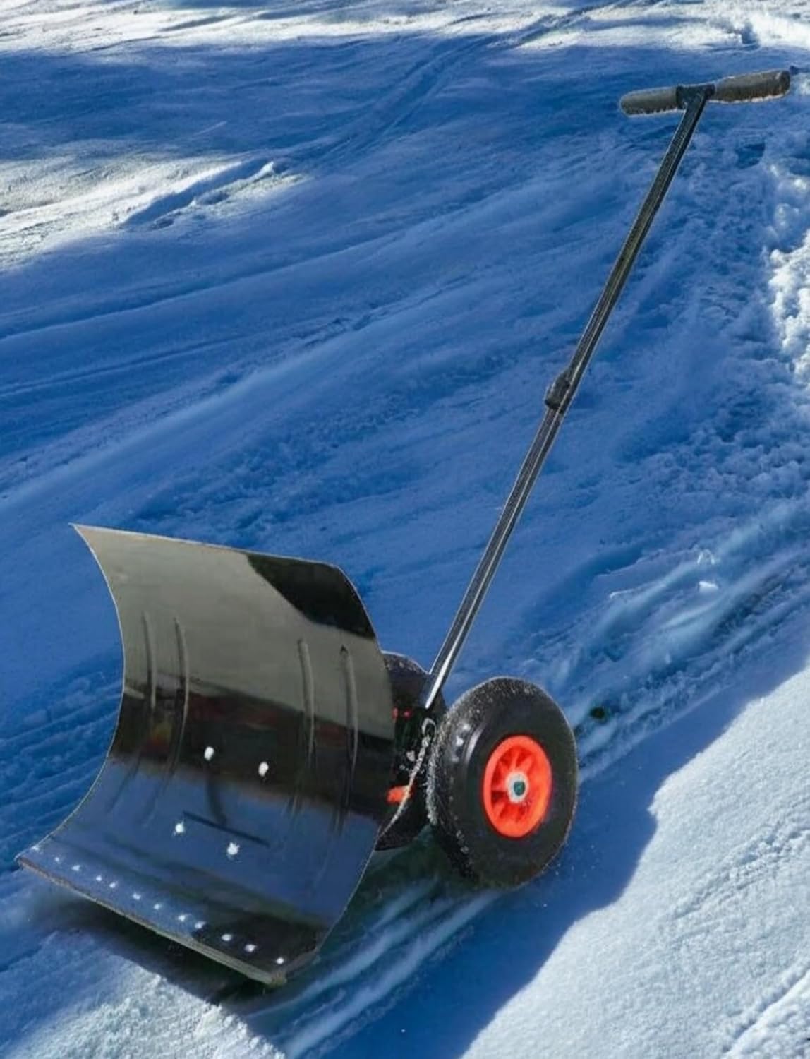 ELEFOCUS Rolling Snow Pusher Shovel - 5 Level Adjustable Handle Galvanized Blade for Winter Snow Removal(75x43cm/29x17in)