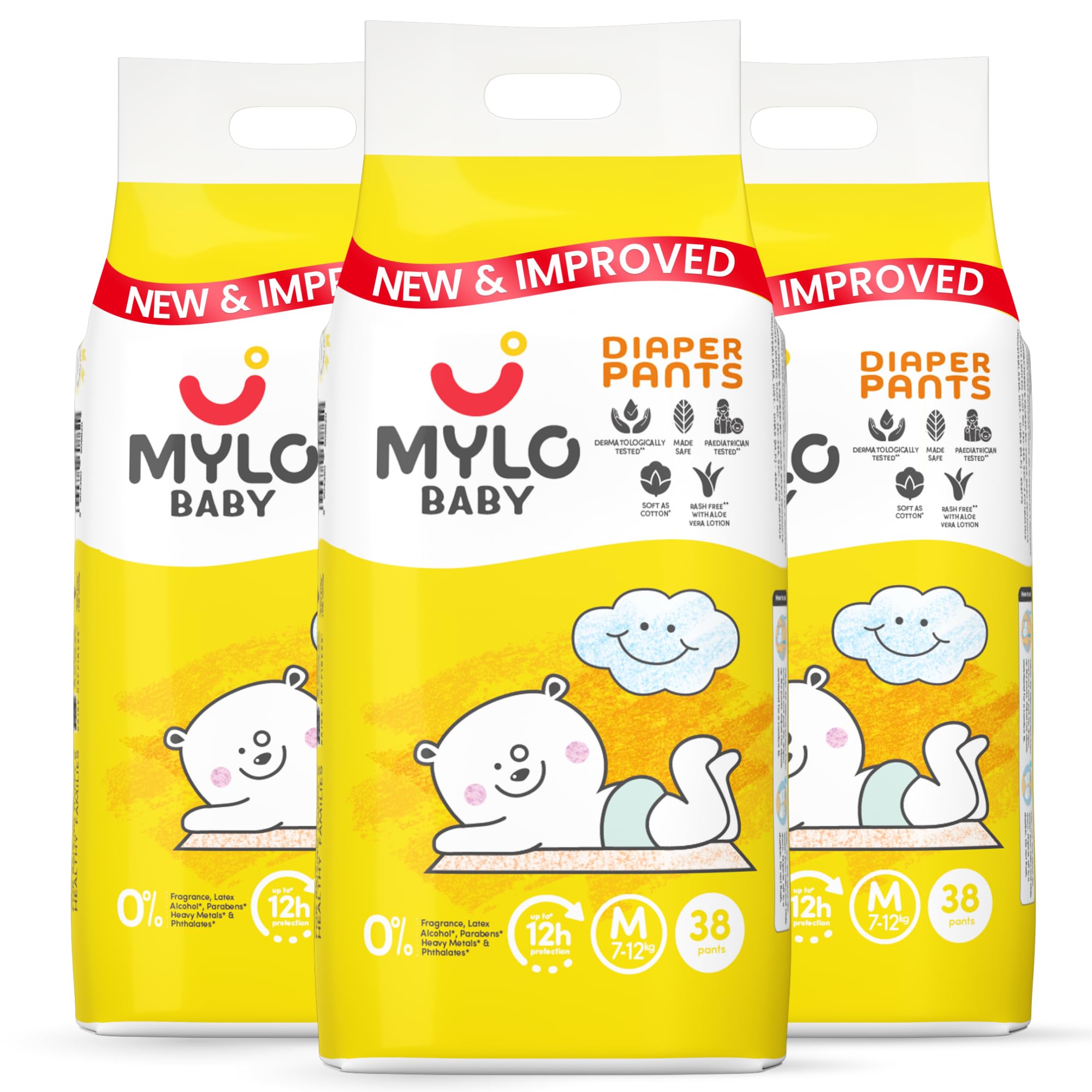 Mylo Baby Diaper Pants Medium (M) Size 7-12 kgs (114 count) Leak Proof | Lightweight | Rash Free | Upto 12 Hours Protection | ADL Technology | with Aloe Vera Lotion (38 Count, Pack of 3)