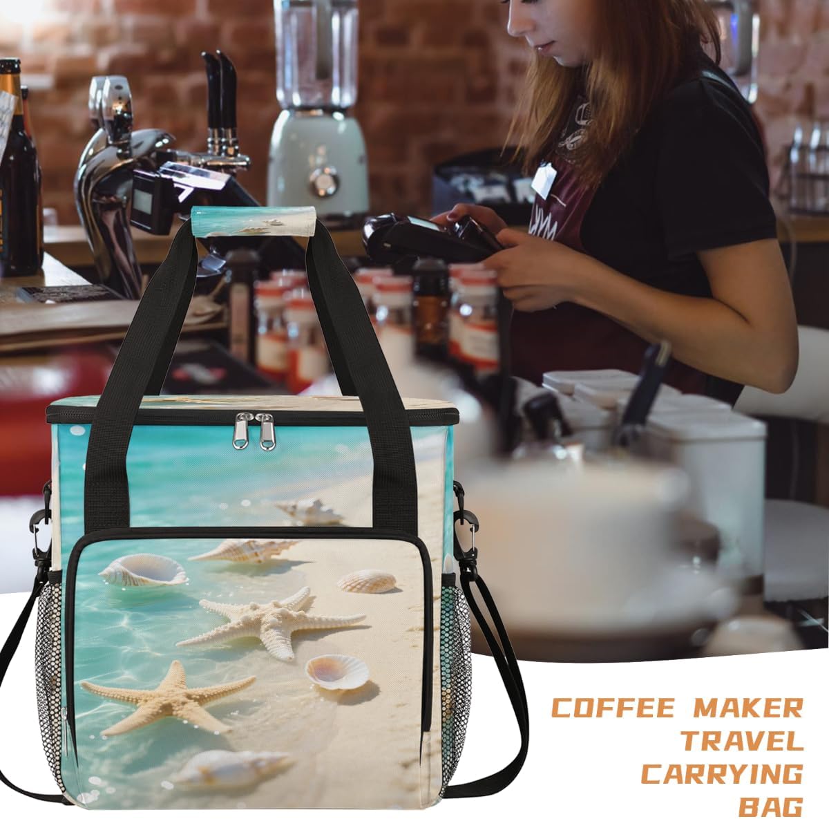 Beach Shells Portable Coffee Maker Carrying Bag Compatible with Keurig K-Mini or K-Mini Plus - Travel Storage Tote with K-Cup Pod Pockets for Single Serve Coffee Brewer