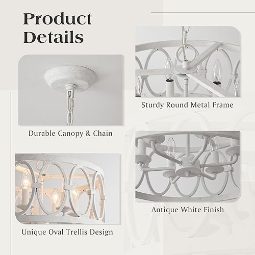 Miniatura 6 de Lámpara de araña antigua de granja para comedor, isla de cocina, 6 luces, candelabros colgantes de tambor, metal blanco envejecido, accesorios de