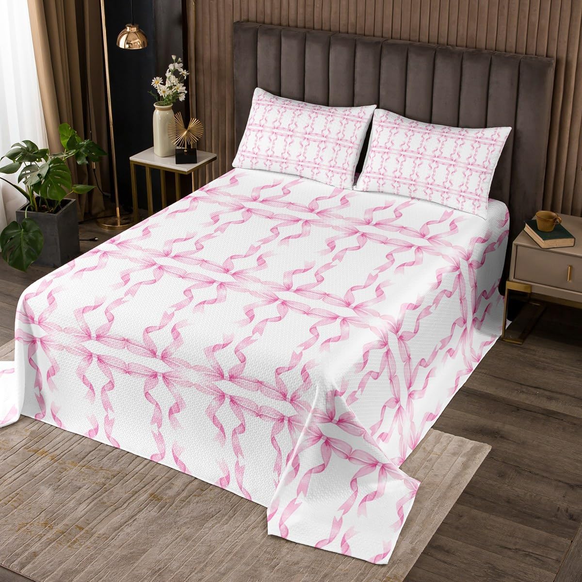 jejeloiu Kids Pink Bowknot Bedspread Queen Size, Princess Bow Coverlet Set Boys Girls Girls Knot Quilted Coverlet Teens Bedroom Decor 3Pcs