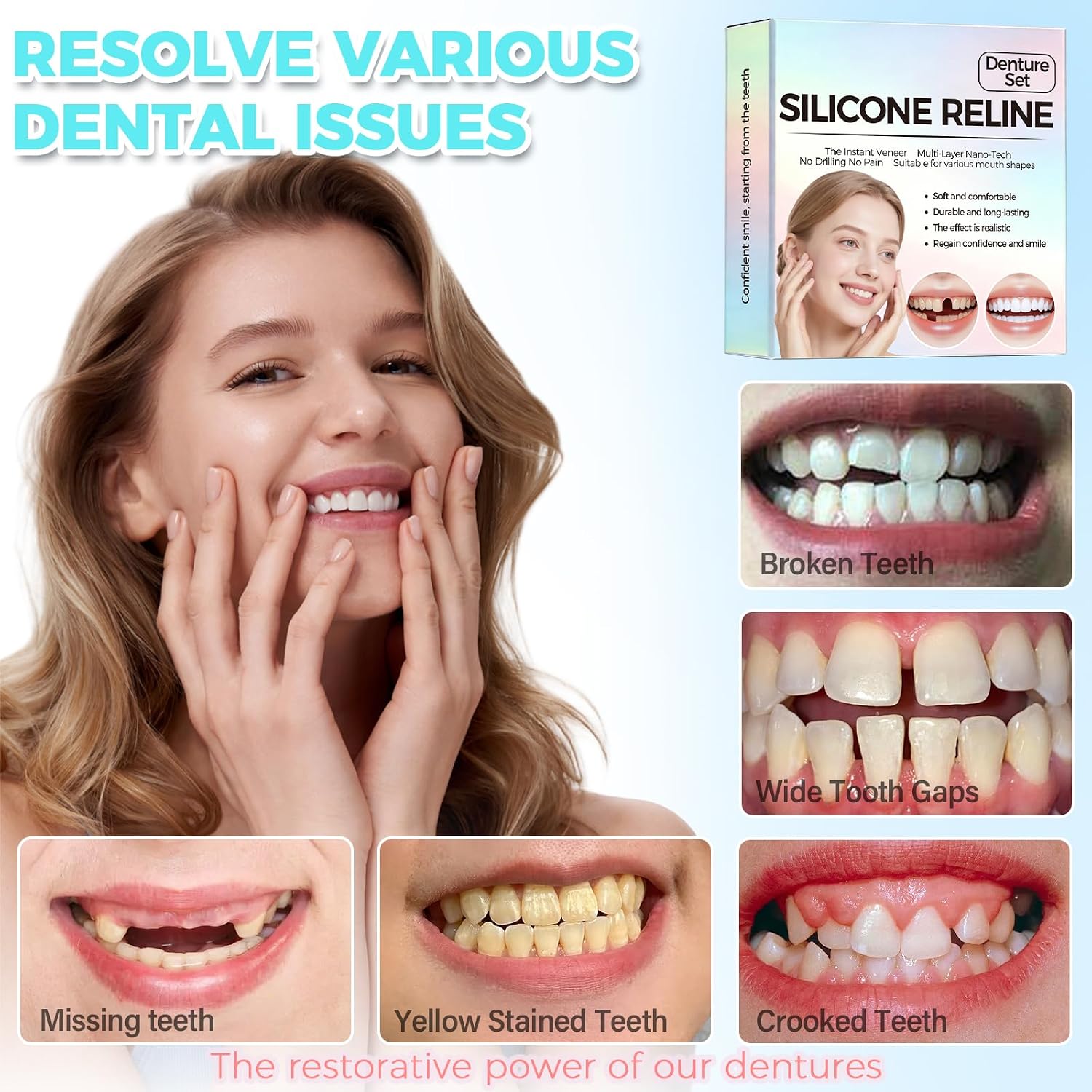 Upper & Lower Silicone Dentures, for Men & Women, Restore Smile