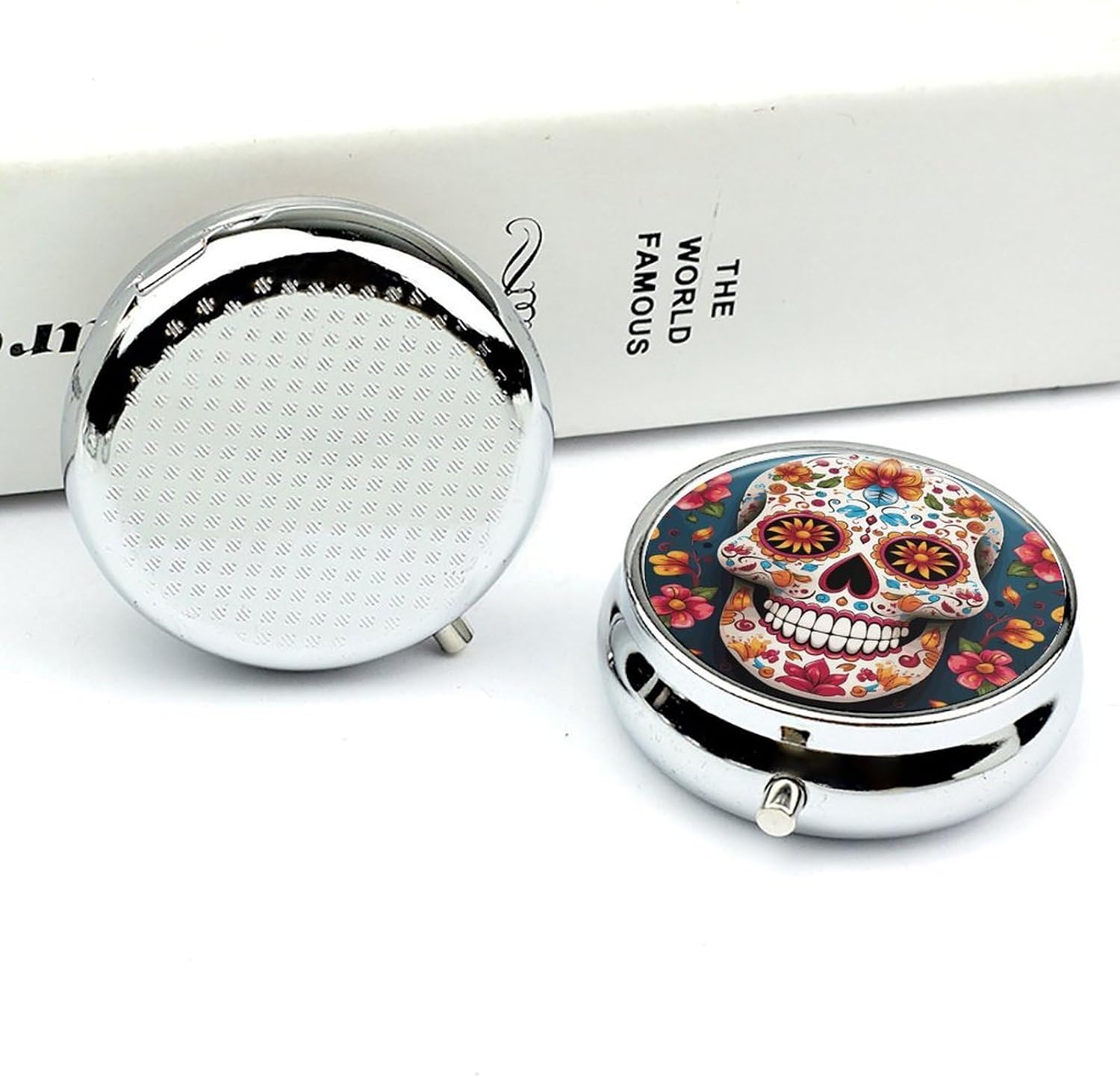 Sugar Skull Round Pill Box with 3 Compartments & Mirror image 4