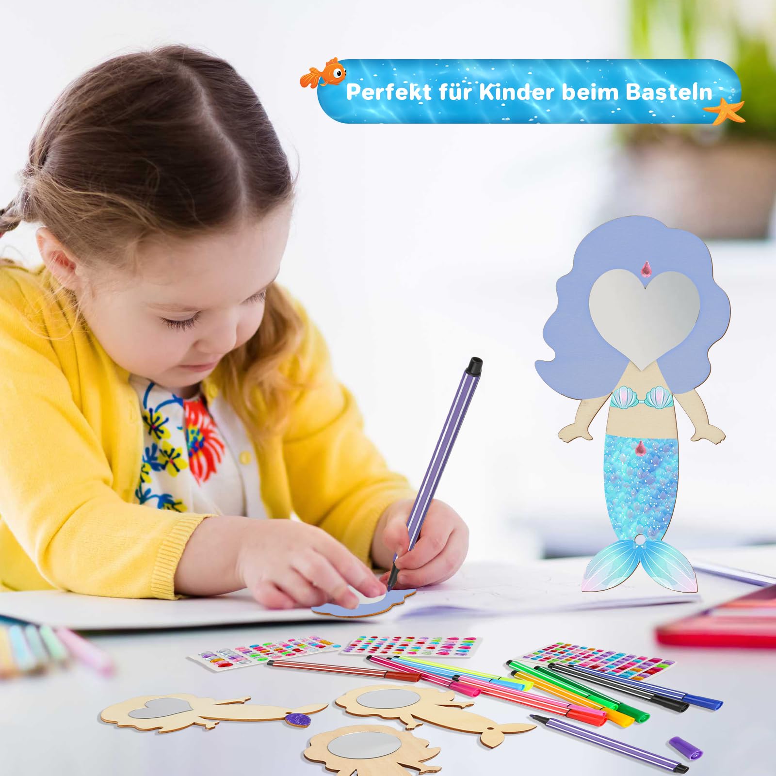 Moosono Meerjungfrau Bastelset - 12-teiliger DIY Holzspiegel Mit Griff Für Mädchen