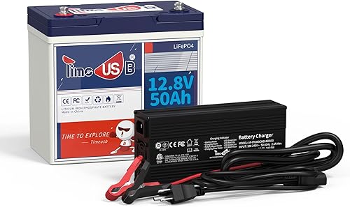 Timeusb Batería LiFePO4 de 12 V 50 Ah con cargador de batería LiFePO4 de 146 V 10 A BMS integrado de 50 A 5 horas de carga rápida y completa
