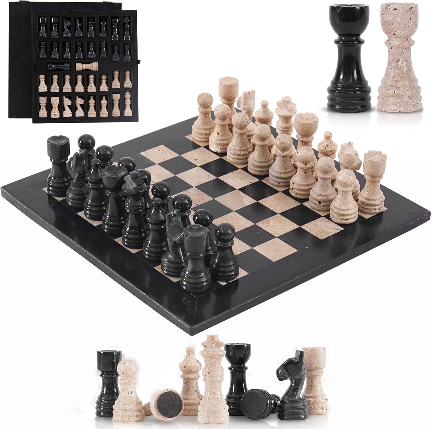SPESHSTONES Scacchiera in marmo per adulti, 30,5 cm, realizzata a mano in nero e travertino, con scatola portaoggetti, ideale per i viaggi, con 32 pezzi e 2 regine extra