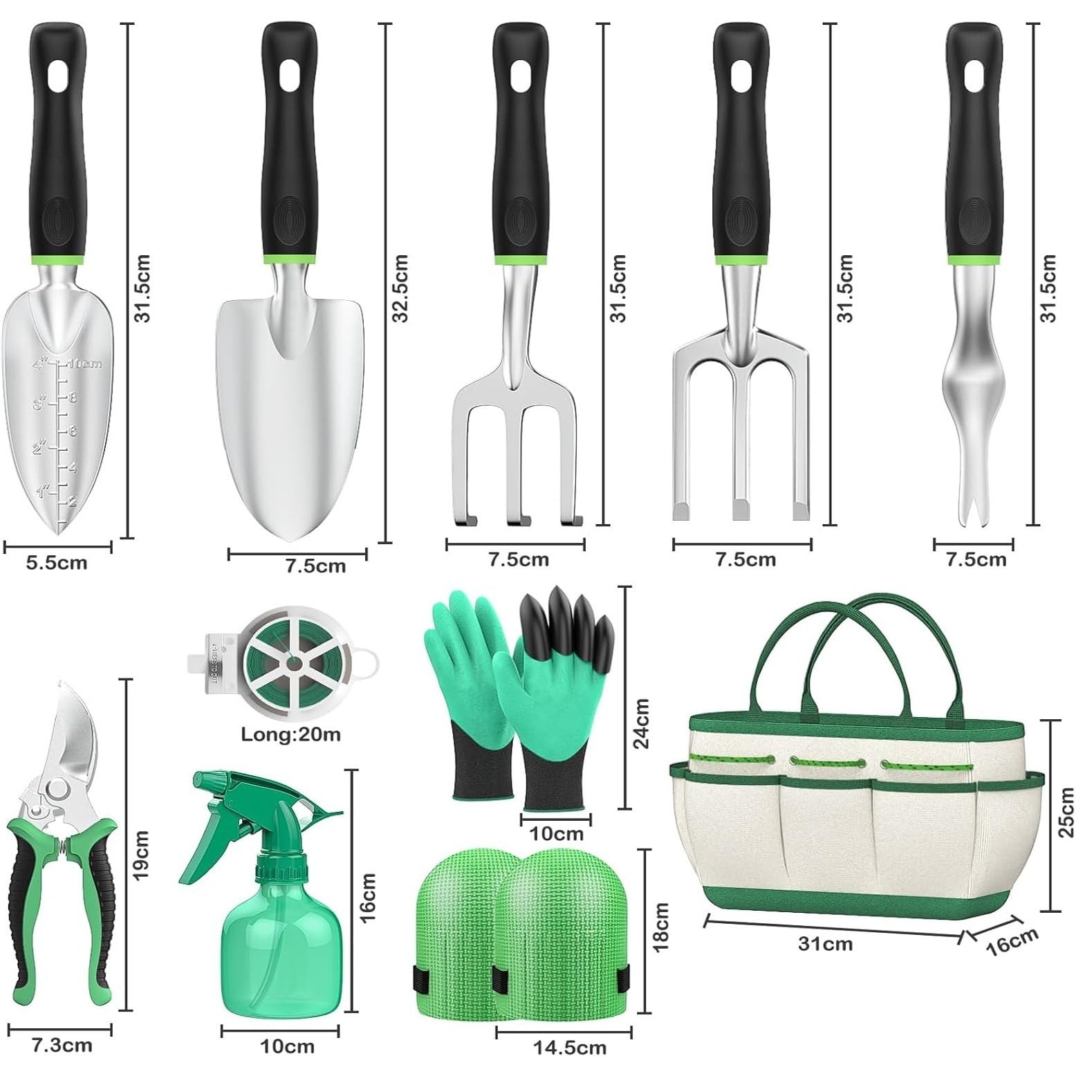 Set di attrezzi da giardinaggio da 11 pezzi, in alluminio resistente, con borsa per riporre fiori, forniture da giardinaggio antiruggine, perfetto per donne e uomini (vaso rotondo verde)
