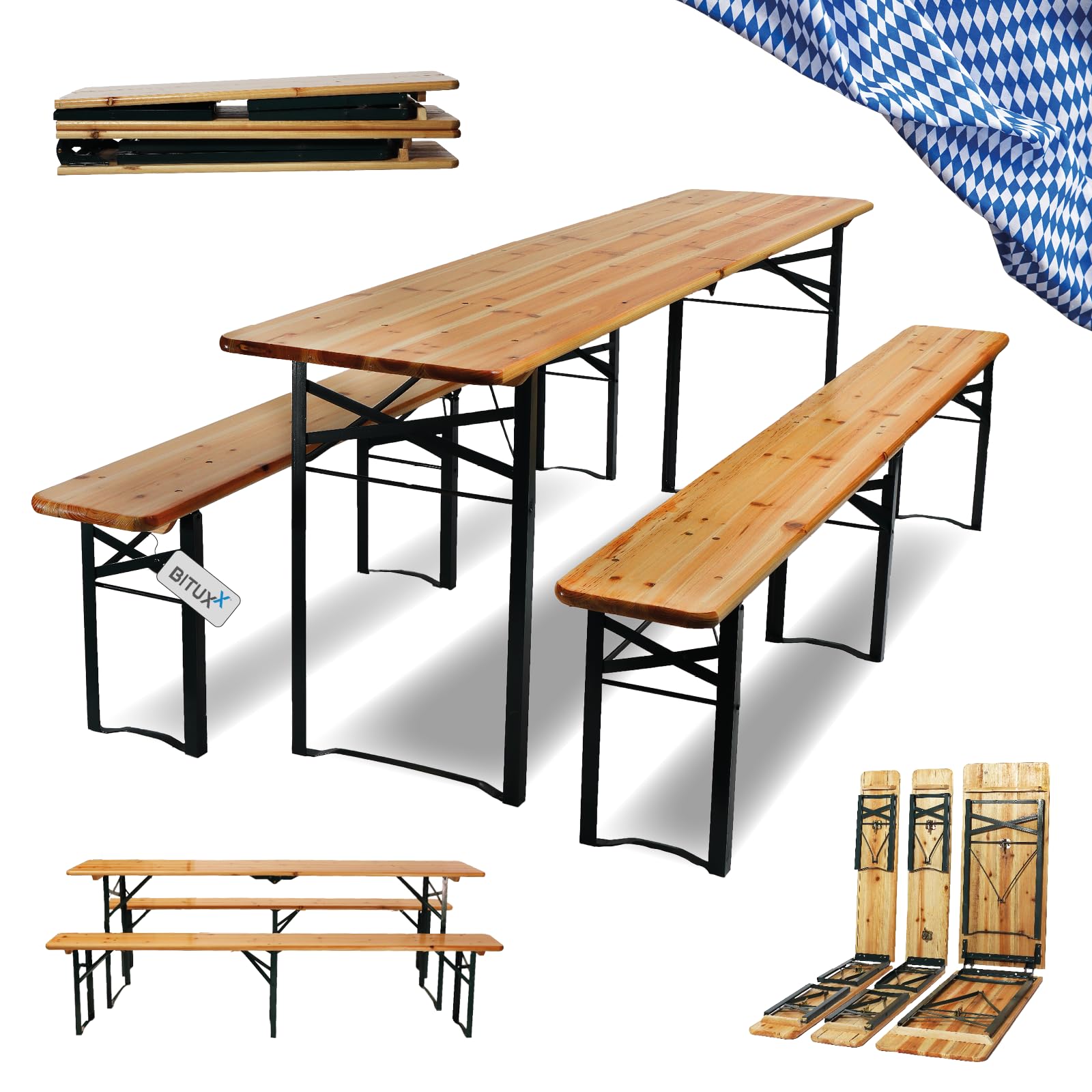 BITUXX Faltbare Bierzeltgarnitur Biertischgarnitur Bierbankgarnitur Festzeltgarnitur Biergartengarnitur Bierbank Biertisch Klappbar 1x Tisch 2X Bänke 216cm