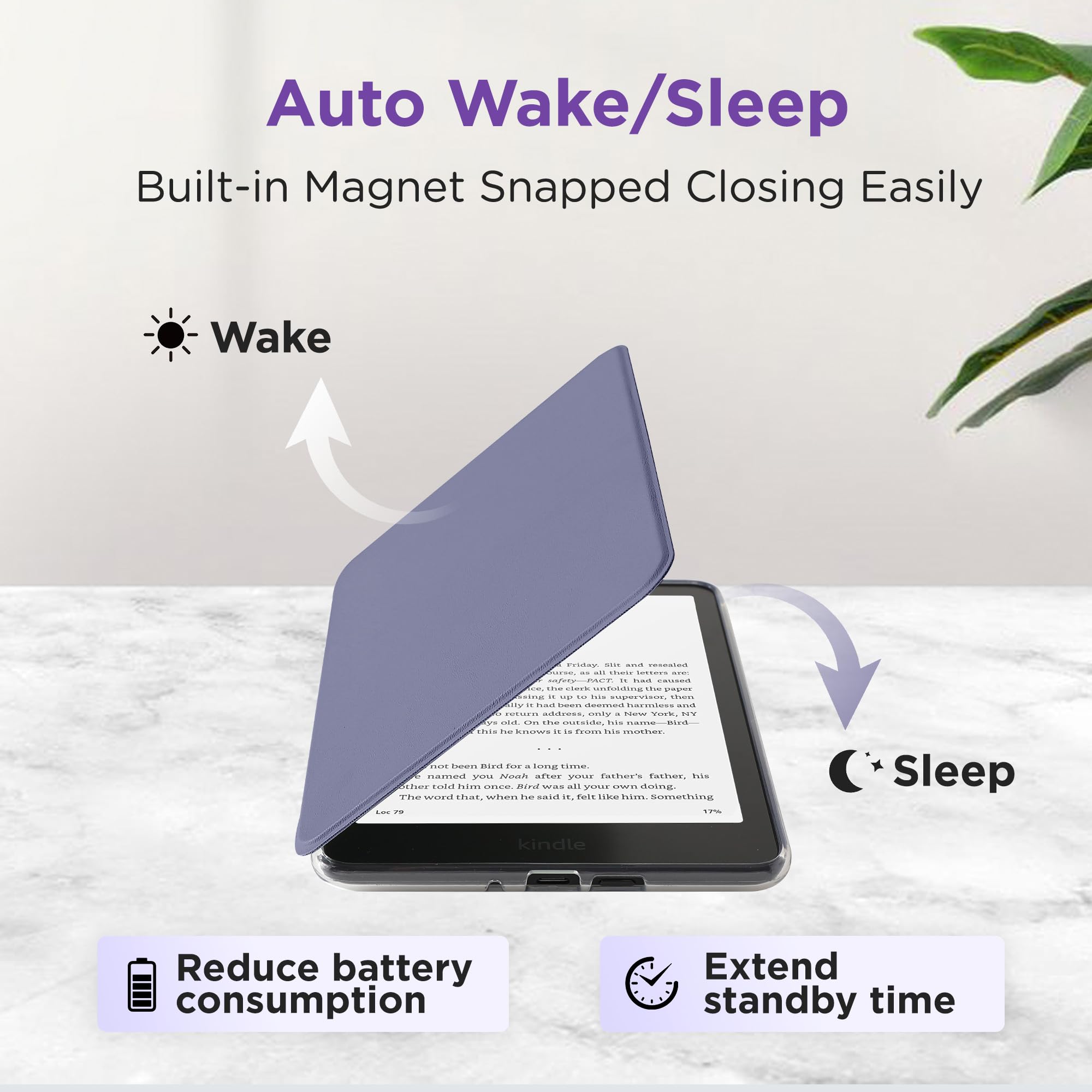 SESENSE Abnehmbare magnetische Schutzhülle für Kindle 15,2 cm (6 Zoll) Kindle 2024 und 2022 (11 Generation), schlanke PU-Schale mit automatischer Wake/Sleep-Funktion, Lavendelviolett
