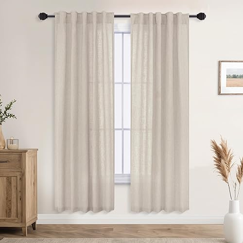 Miniatura 50 de Mrs.Naturall Cortinas transparentes verde esmeralda oscuro, cortinas de lino verde bosque para sala de estar, 63 pulgadas de largo, cortinas verdes