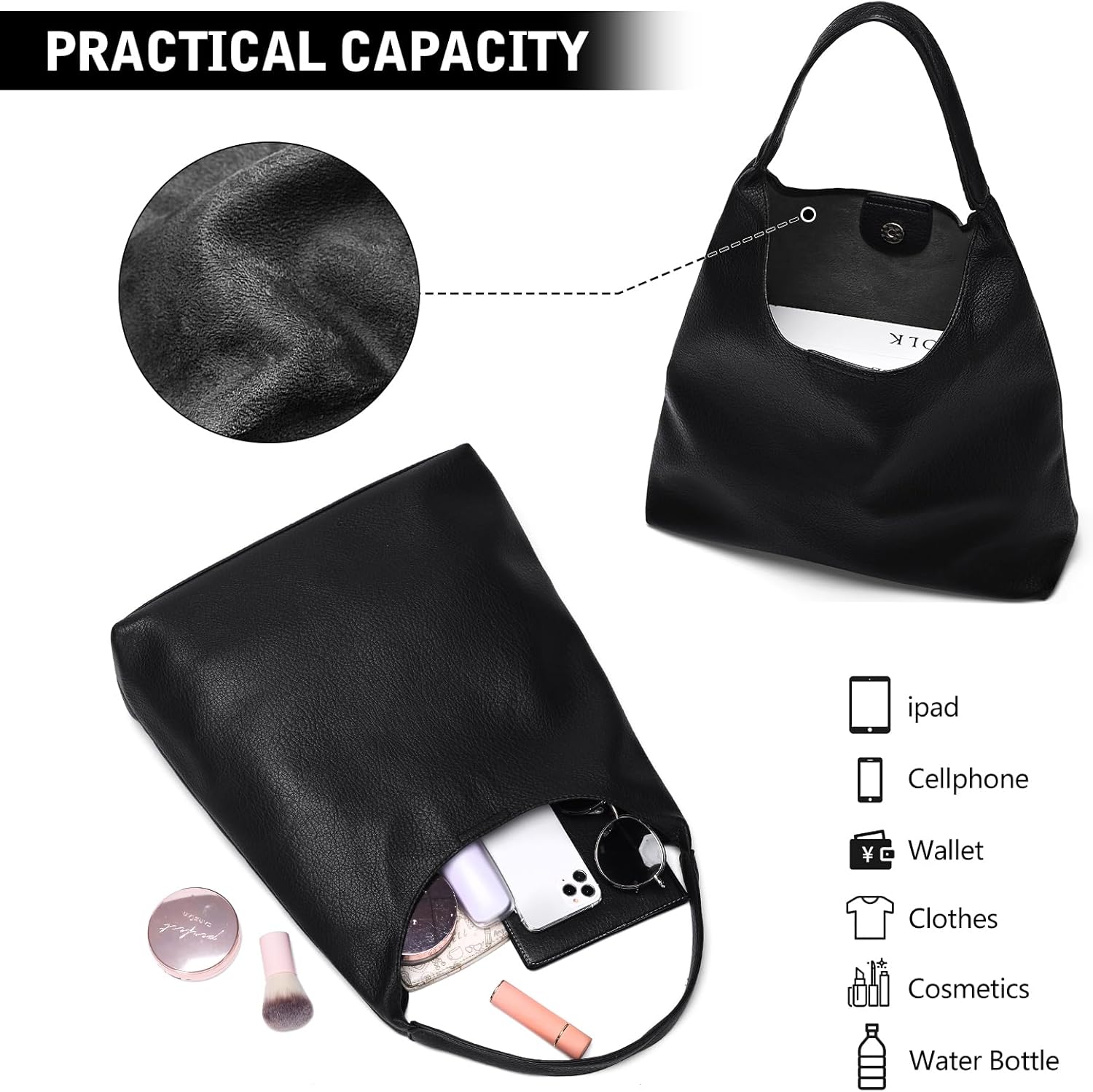 Hobo Bags for Women, Soft Vegan Leather Shoulder Handbags, Slouchy Tote Purses for Work, Travel, School - Image 6