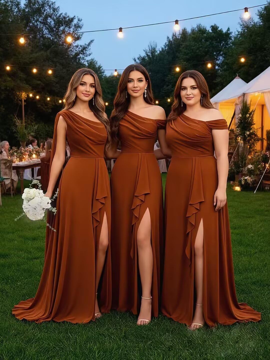 One Shoulder Chiffon Bridesmaid Dresses Floor Length Pleated Ruffles Side Slit Formal Gown - Image 5
