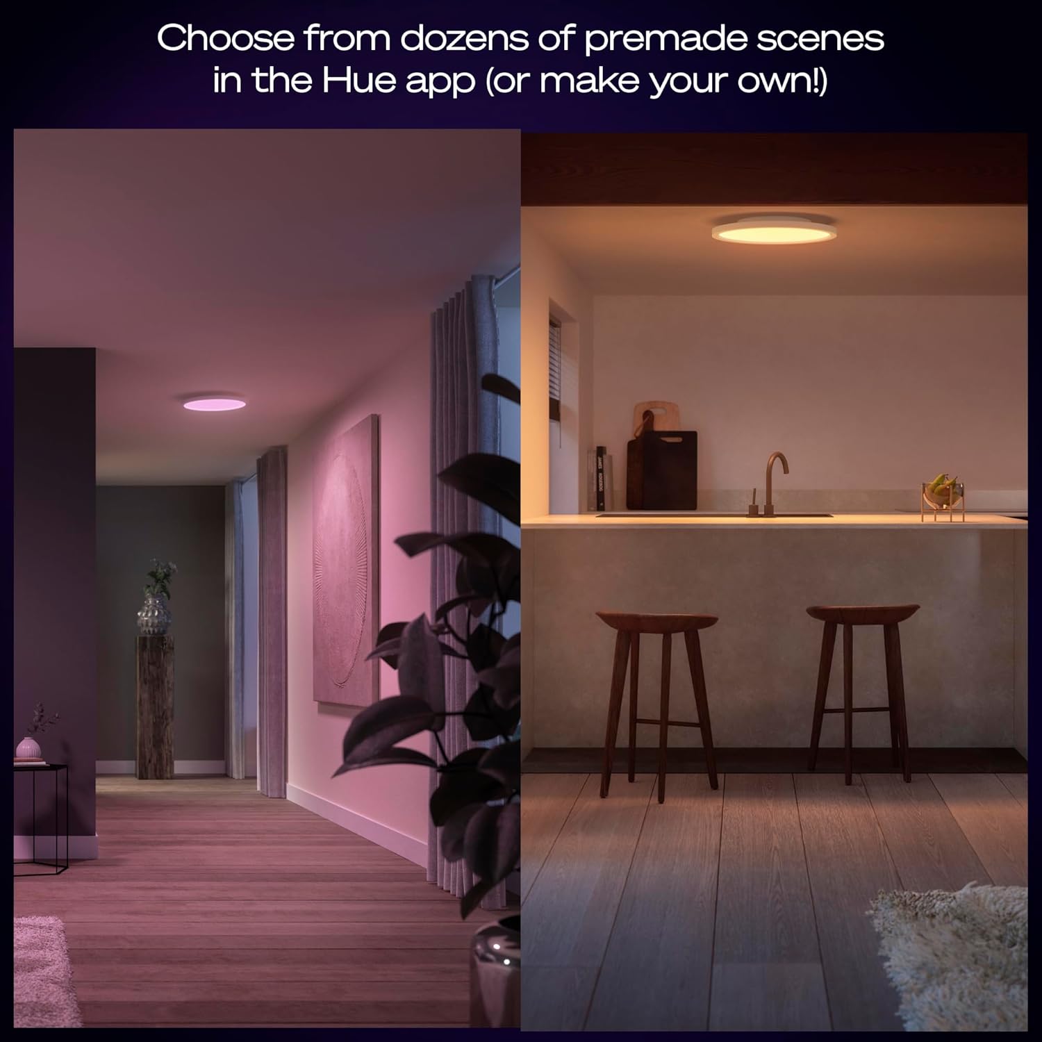Split image showing Philips Hue Devote Panel in two different room settings with varying light colors