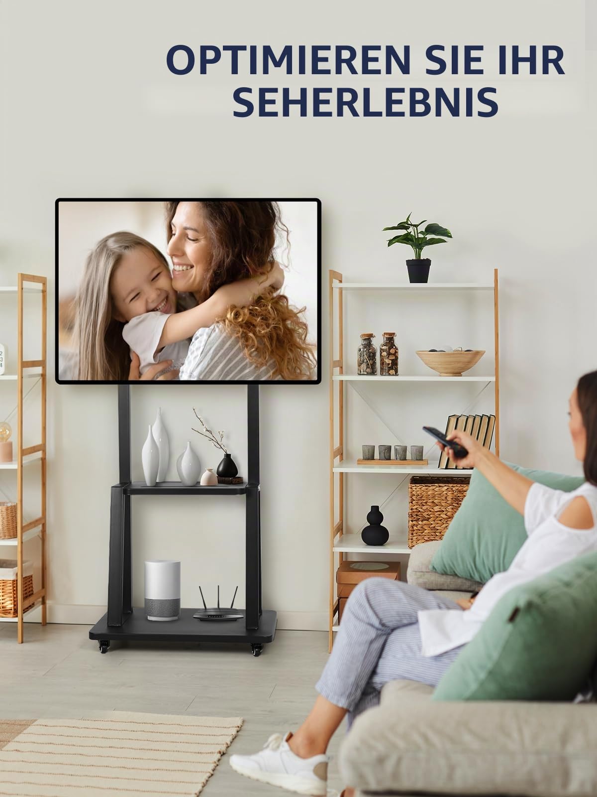 TV Ständer Rollen Mobiler TV-Wagen für 32-75 Zoll Flache/gekrümmte LED/LCD/OLED höhenverstellbarer tragbarer tv-standfüße auf Rädern bis zu 45kg Boden TV-Ständer mit Laptop DVD Regal Schwarz
