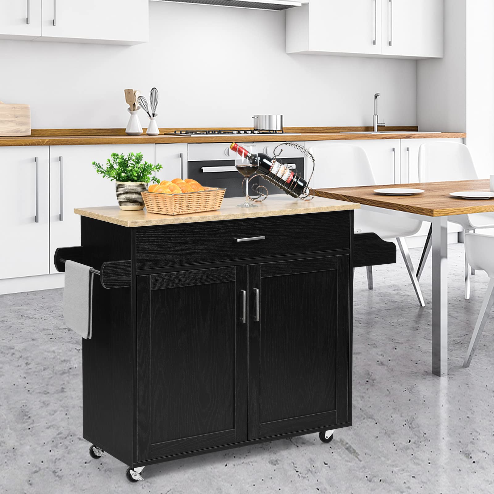 SOARS Carrello da Cucina con Ruote di Gomma, Isola Cucina con Cassetto e Ripiano Regolabile, Mobile Credenza Salvaspazio Porta Microonde, Portaspezie, Portasciugamani, 116 x 40 x 85 cm (Nero)