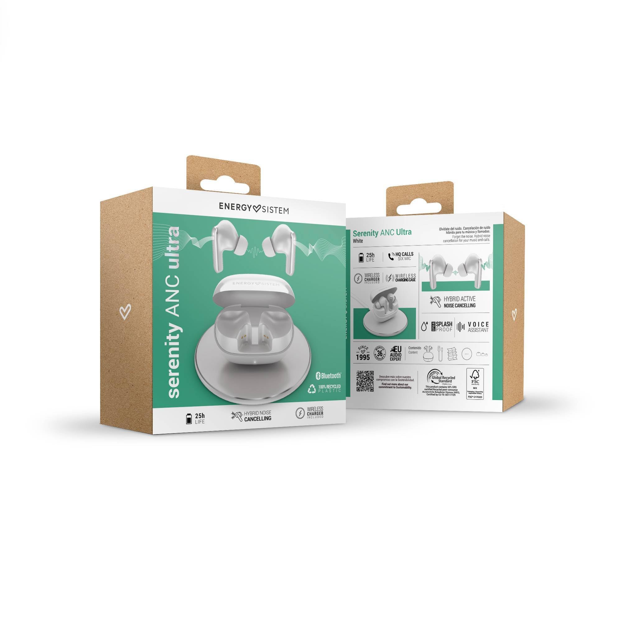 Energy Sistem Serenity ANC Ultra – Zestaw słuchawkowy Bluetooth z hybrydową redukcją szumów ANC do -35 dB, 25h baterii, ładowanie bezprzewodowe Qi, wodoodporność IPX4 i wykonane z tworzywa sztucznego