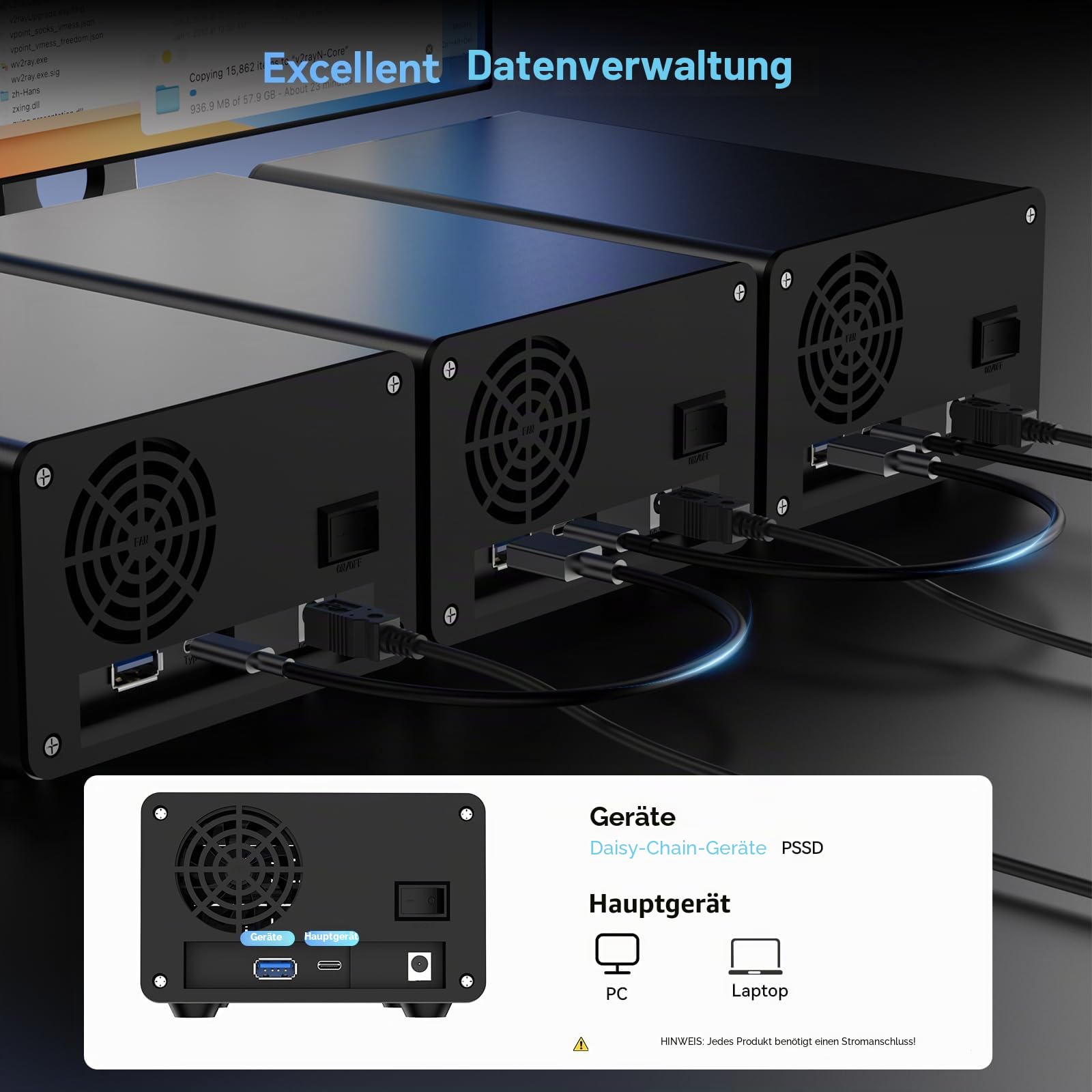 Festplattengehäuse, CENMATE 10Gbps Aluminium Dual Bay Gehäuse mit Kühllüfter für 2.5/3.5 SATA HDD/SSD mit USB A/C 3.2 Kabel, unterstützt Hot Swappable, werkzeugfrei HDD Gehäuse, DAS(NO RAID/NAS)
