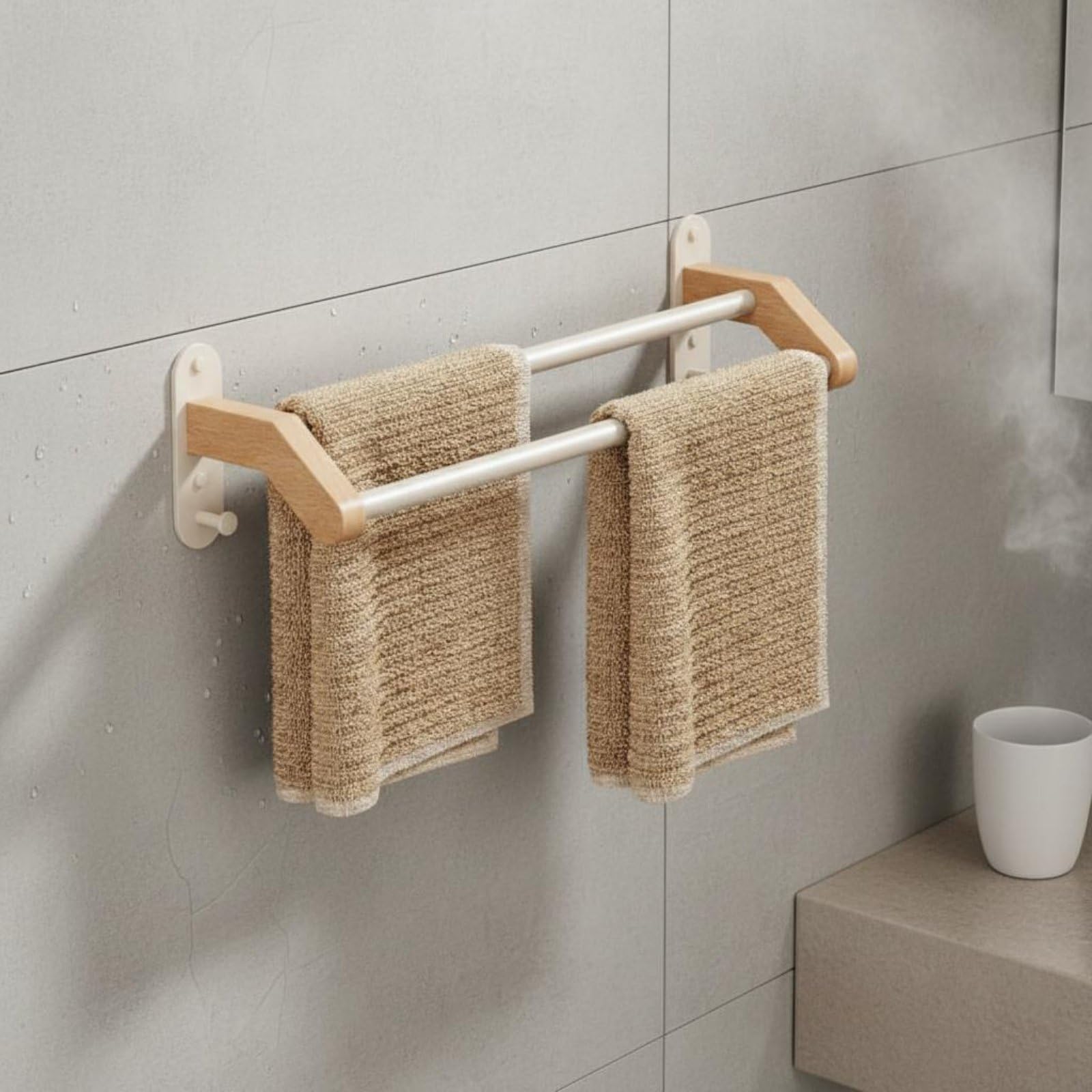 Toallero de Doble Barra Ahorra Espacio Toallero de Madera Anticorrosión Barra Toalla, 60 Cm