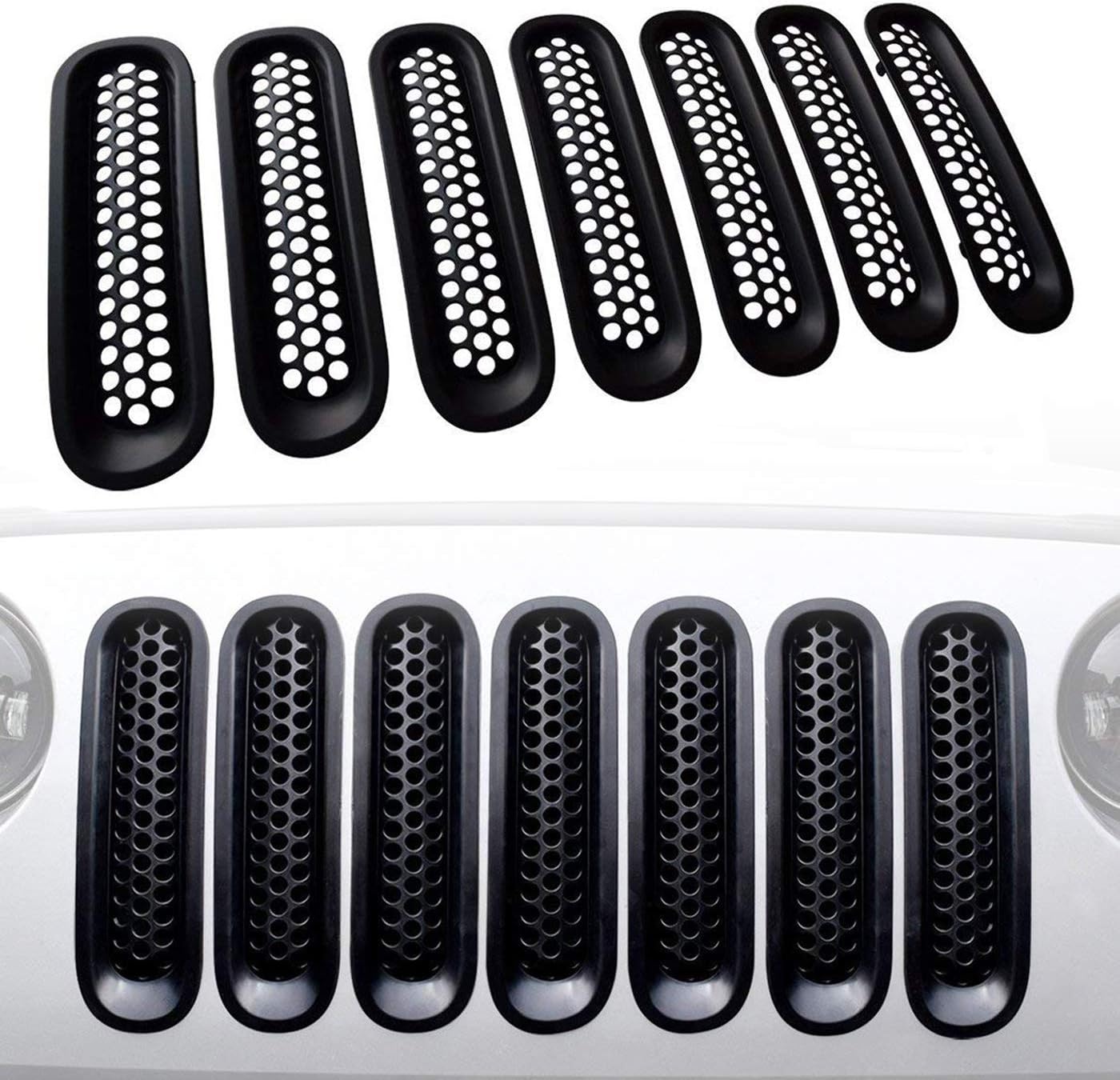 Front 7pcs Grill Mesh Grille Insert Mesh Front Guard Clip in Replacement for 2007-2015 Jeep JK Wrangler Unlimited Rubicon Sahara Black