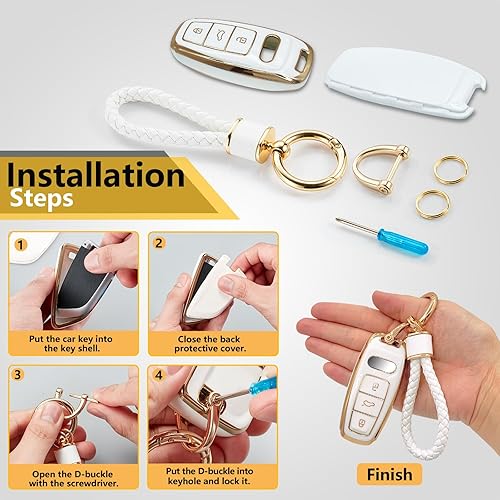 Miniatura 7 de Funda para llavero Audi con cuerda trenzada de metal, funda suave mejorada para llavero A3 A6-A8 E-Tron S3 RS6-7 SQ7-8 (borde dorado, D)